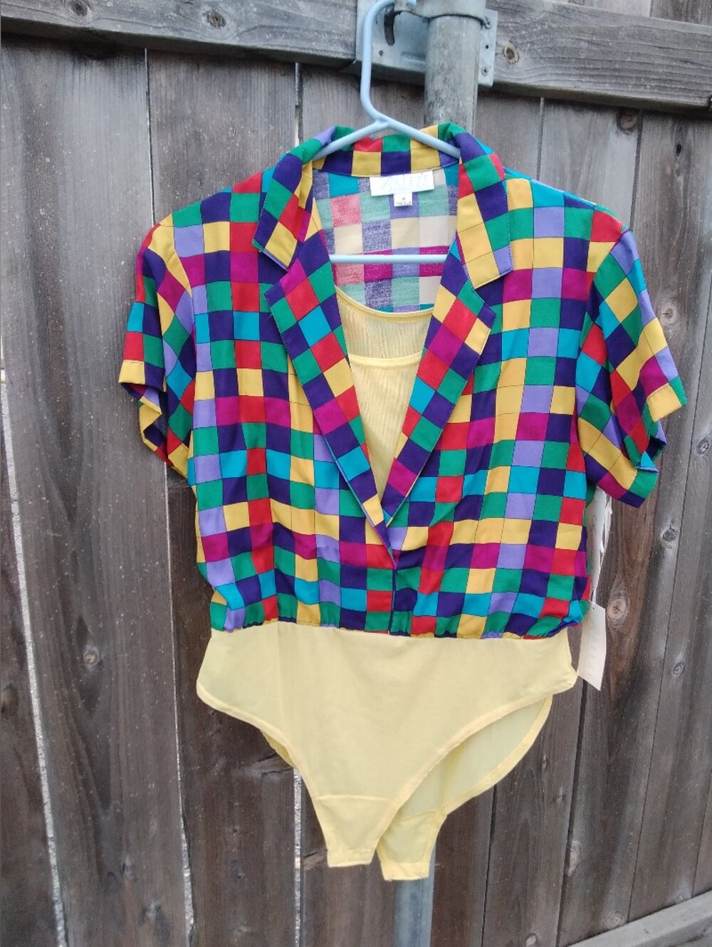 Vintage Dorothy Schoelen Bodysuit Mesh Colorblock Print 80s New Old Stock Med